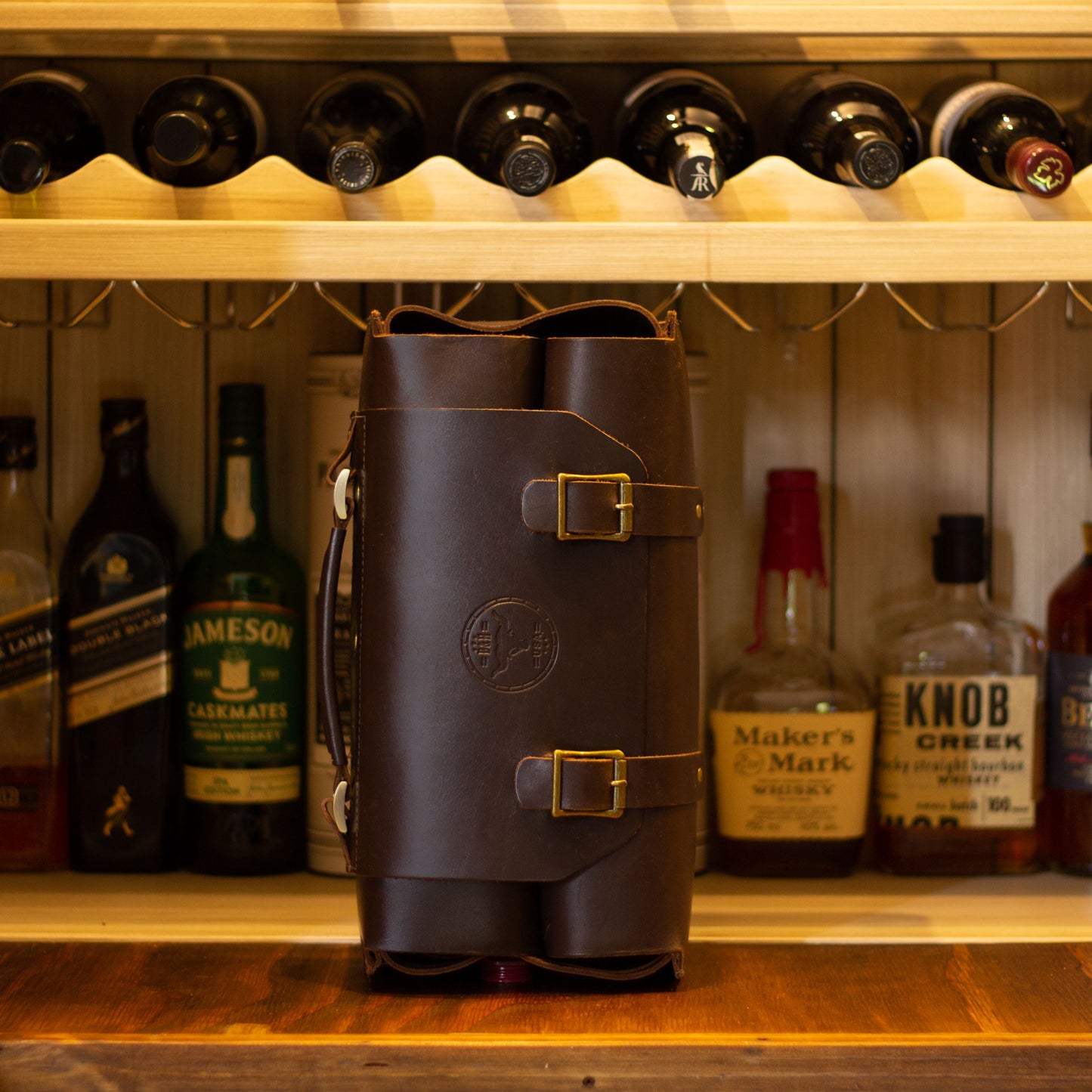 leather whiskey bourbon carrier bag