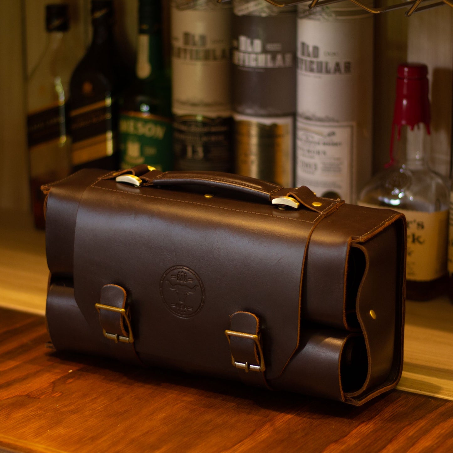 leather whiskey bourbon carrier bag