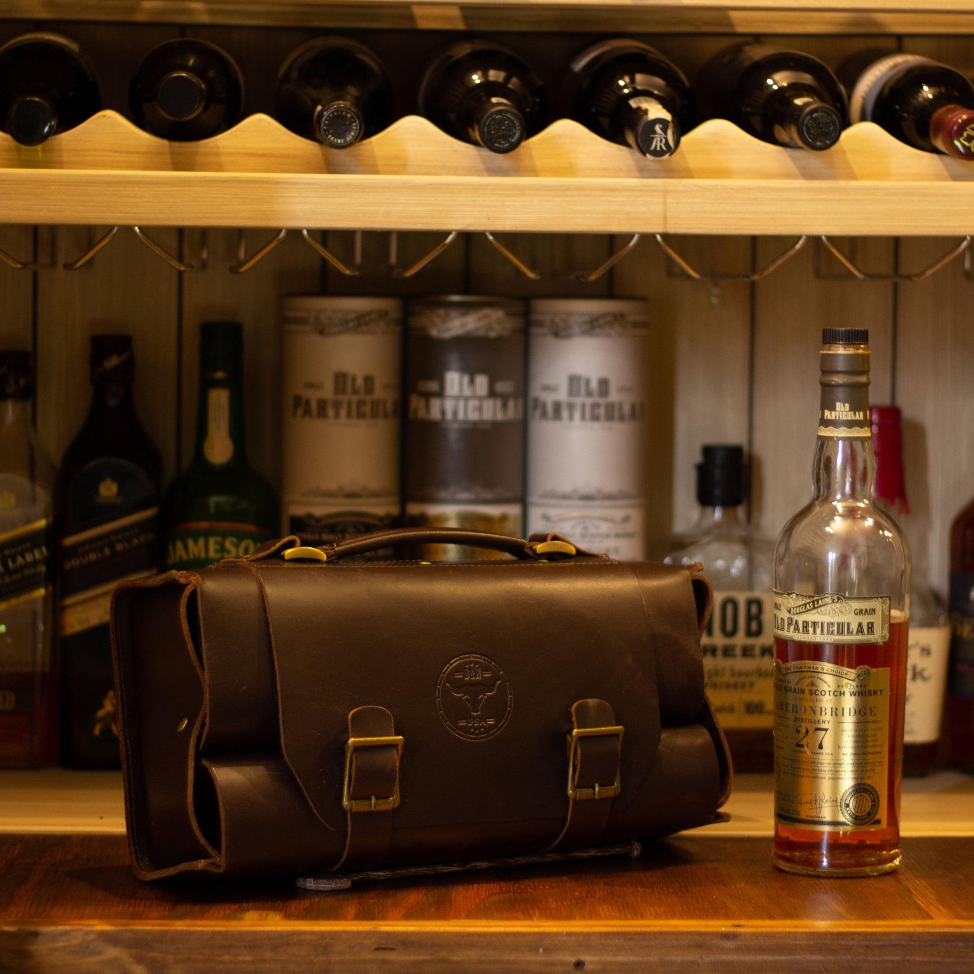 leather whiskey bourbon carrier bag